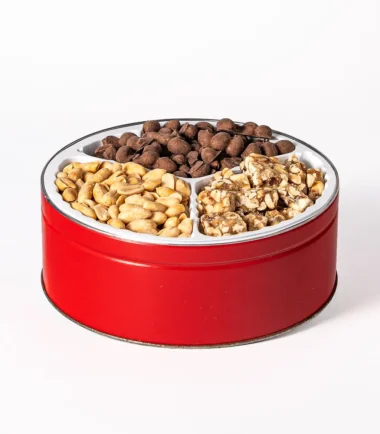 Coleman's red 3-way gift tin with cocktail peanuts, chocolate peanuts and peanut candy