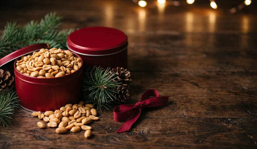 Red peanut gift tins with evergreen and a ribbon for the holidays