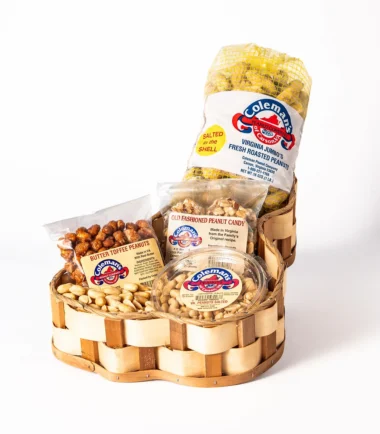 Coleman's sampler gift basket with in-shell peanuts, peanut candy, butter toffee peanuts and a cup of cocktail peanuts