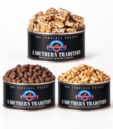 Coleman's trio gift: peanut candy, chocolate peanuts and cocktail peanuts in three Southern Tradition tins