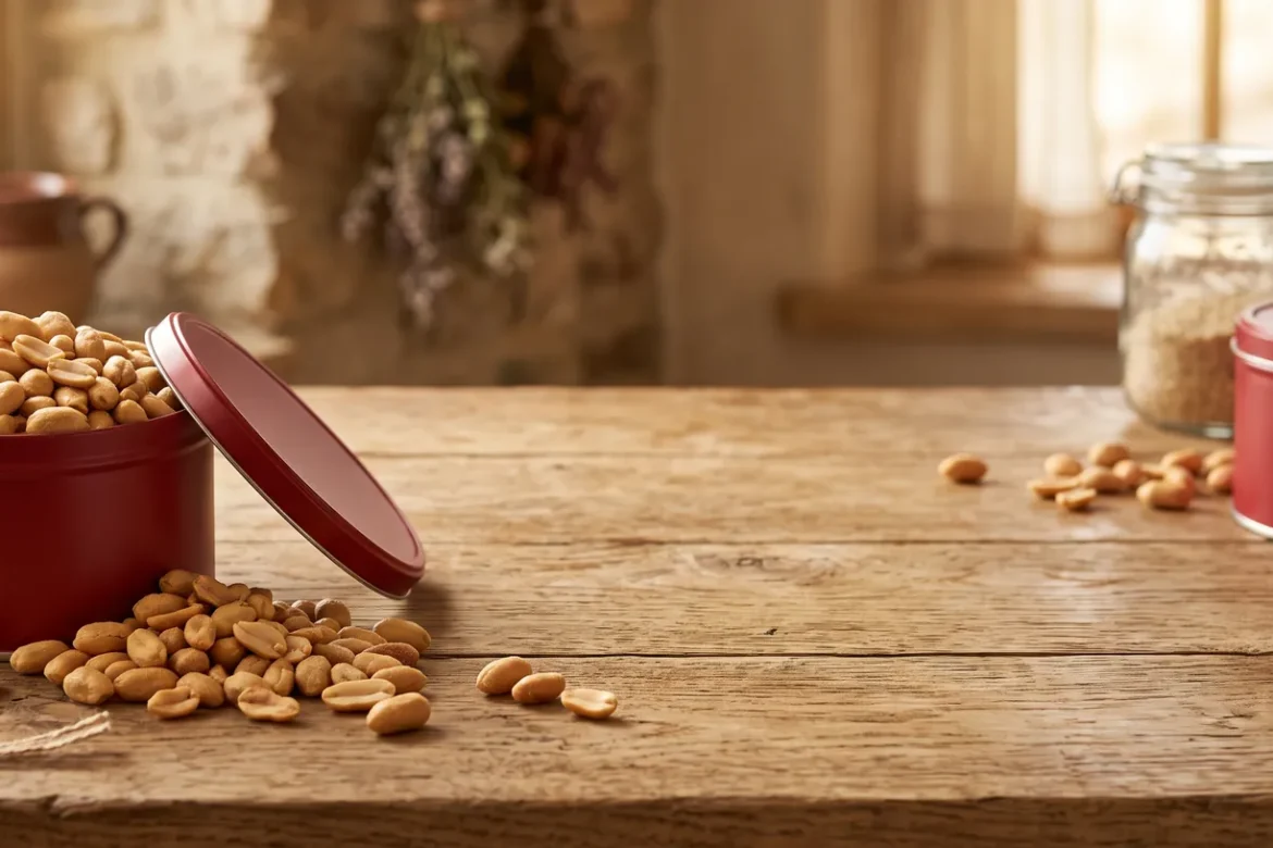 Red peanut gift tin overflowing with roasted salted Virginia peanuts