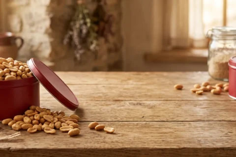 Red peanut gift tin overflowing with roasted salted Virginia peanuts