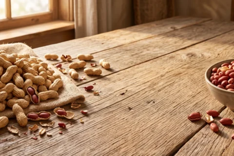 Roasted Virginia peanuts in the shell on a rustic farmhouse table